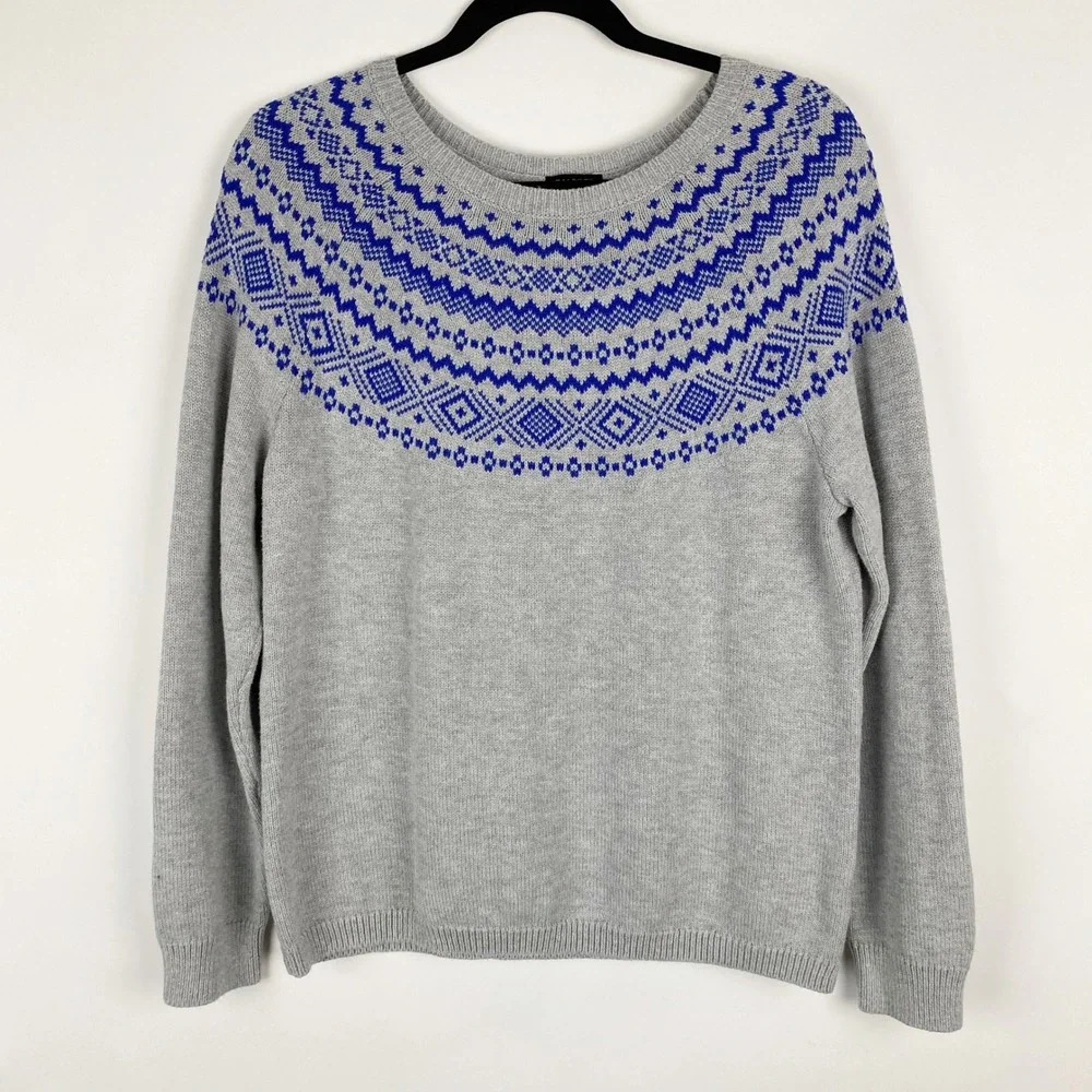 Talbots‎ Fair Isle Sweater Womens Size Large Gray Blue Nordic Cotton Blend Knit
